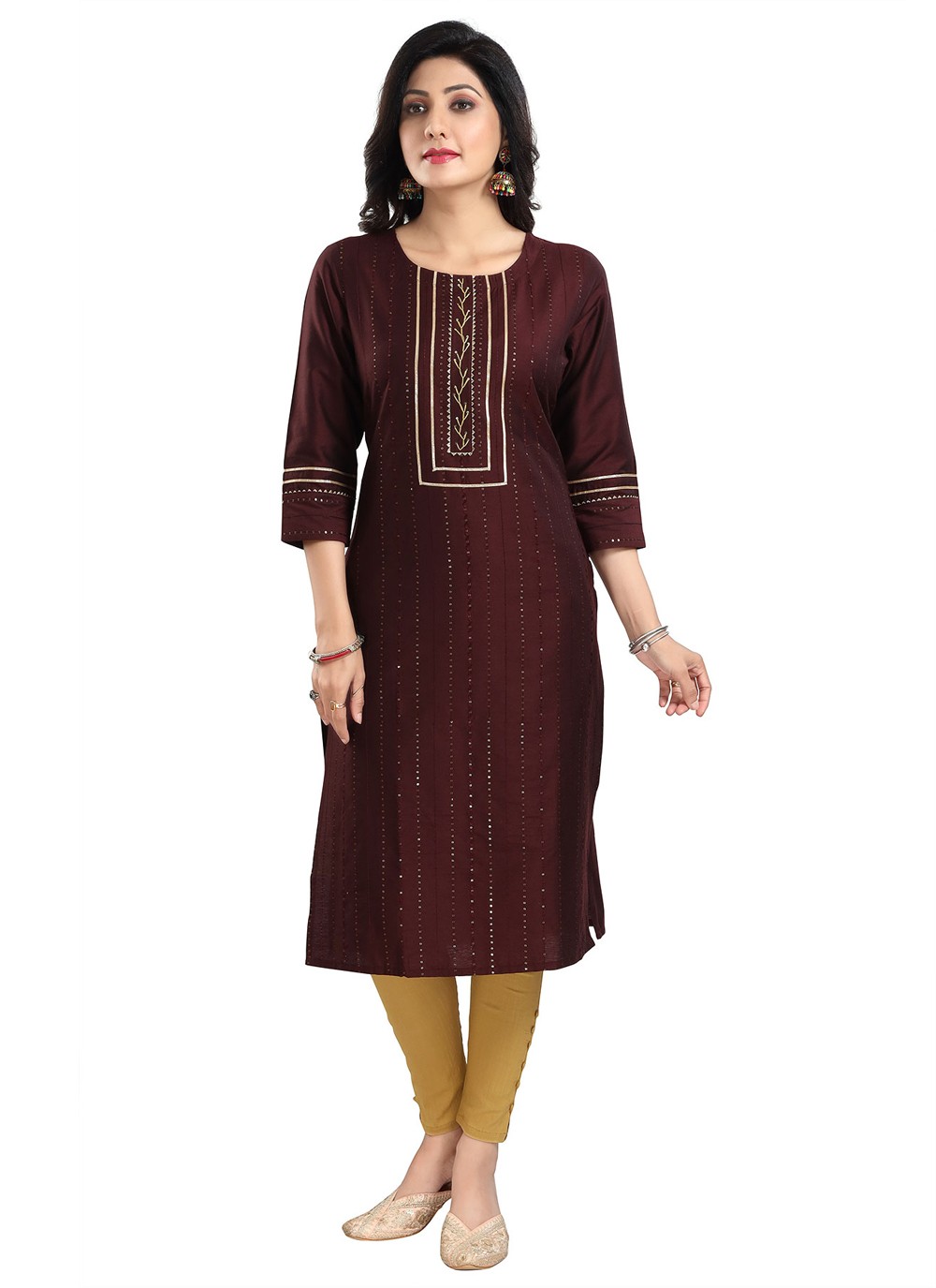 Brown Embroidered Casual Kurti
