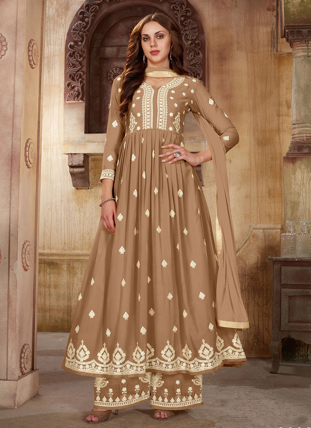 Brown Embroidered Faux Georgette Palazzo Salwar Suit
