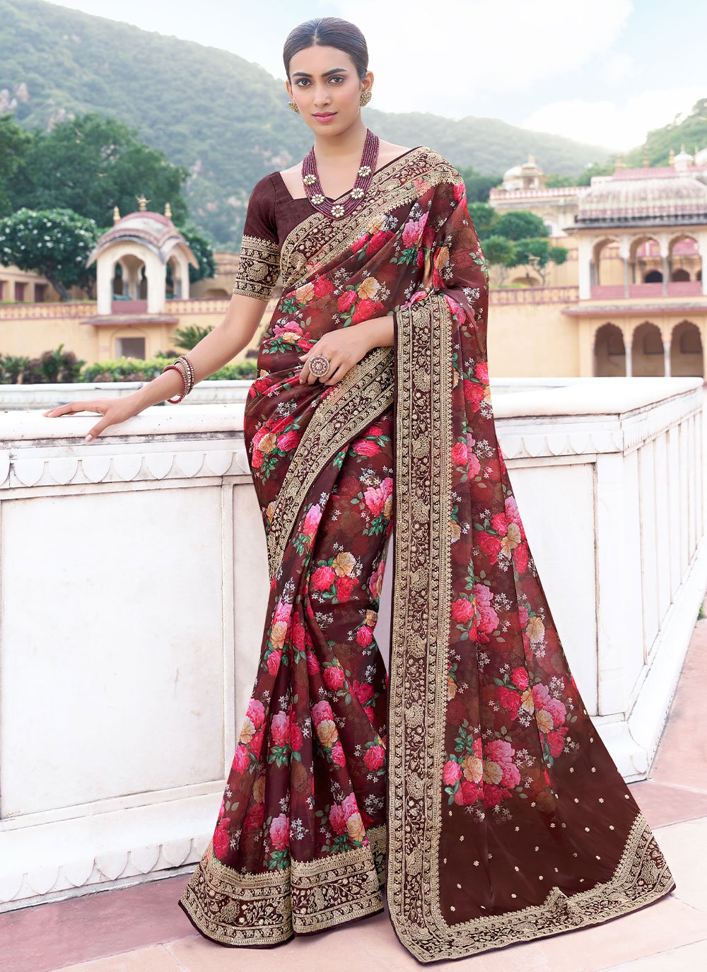 Brown Embroidered Reception Contemporary Saree