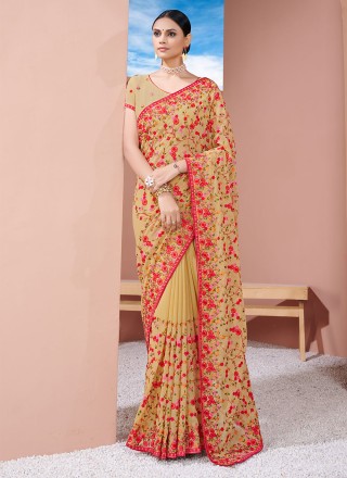 Brown Embroidered Traditional Saree