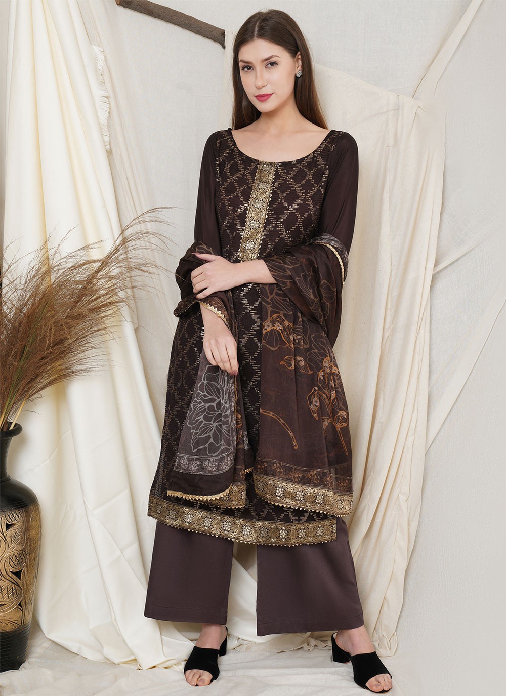 Brown Faux Chiffon Designer Pakistani Salwar Suit