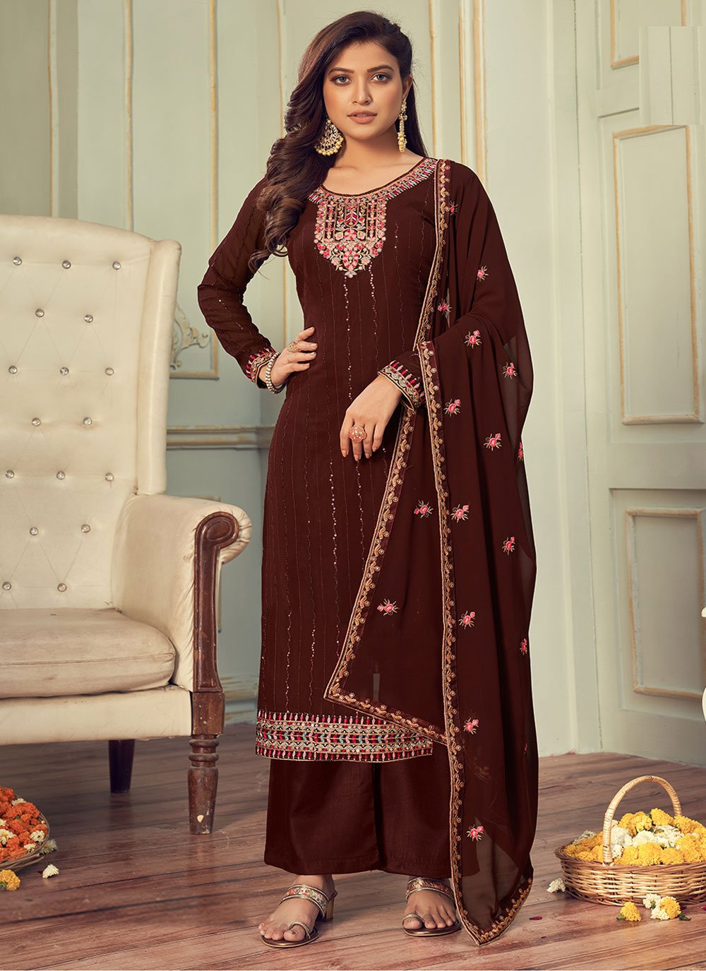Brown Faux Georgette Designer Pakistani Salwar Suit
