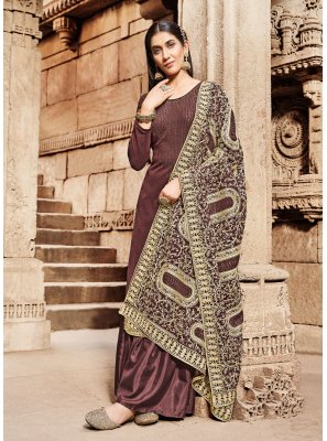 Brown Faux Georgette Embroidered Designer suit