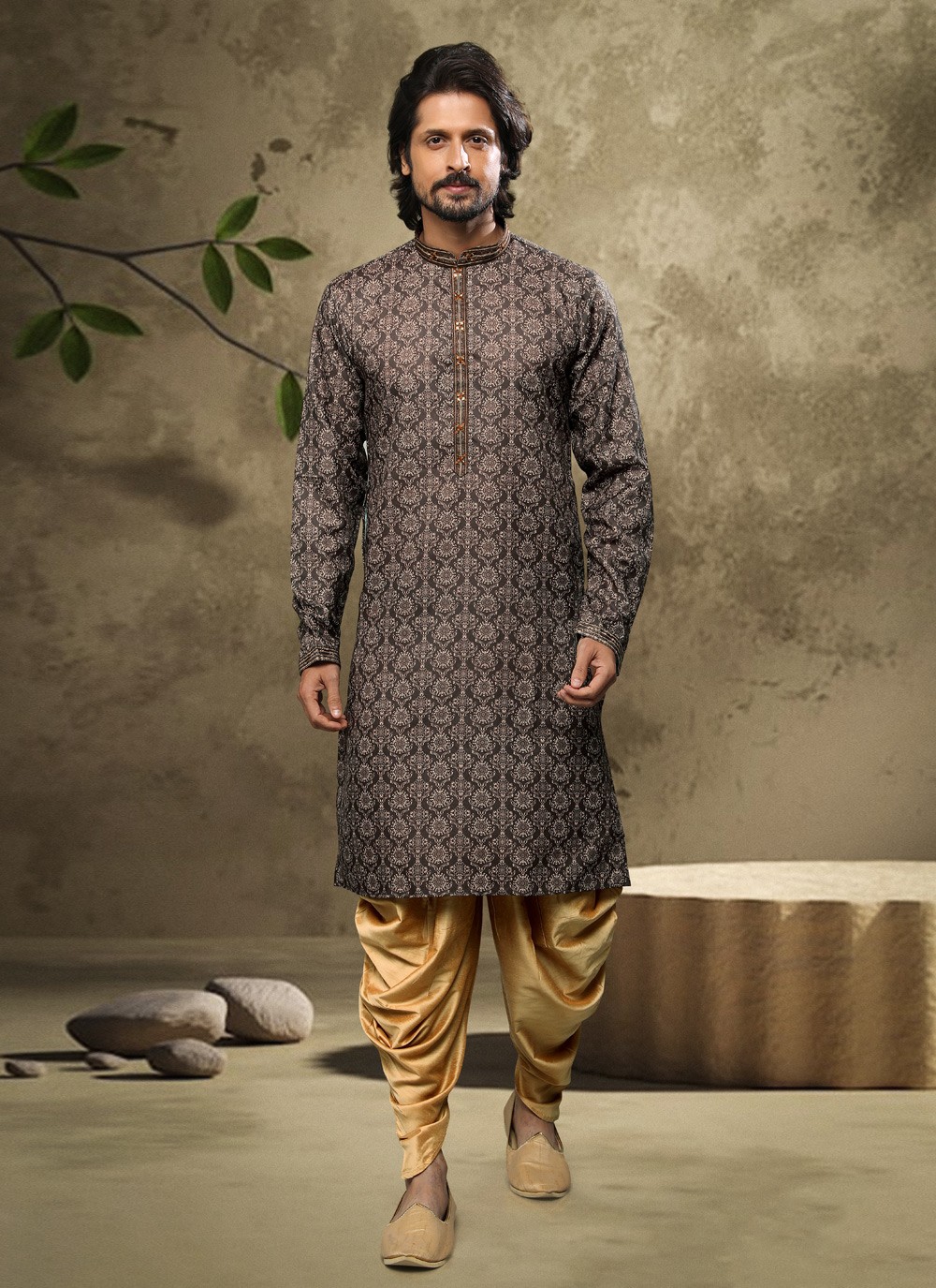 Buy Online Brown Handloom Cotton Ceremonial Dhoti Kurta 235478