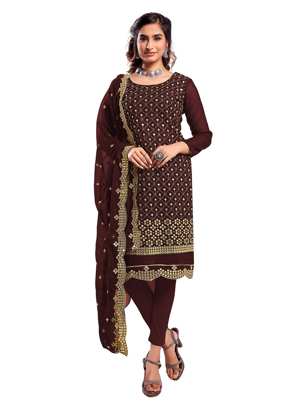 Brown Mirror Designer Straight Salwar Suit