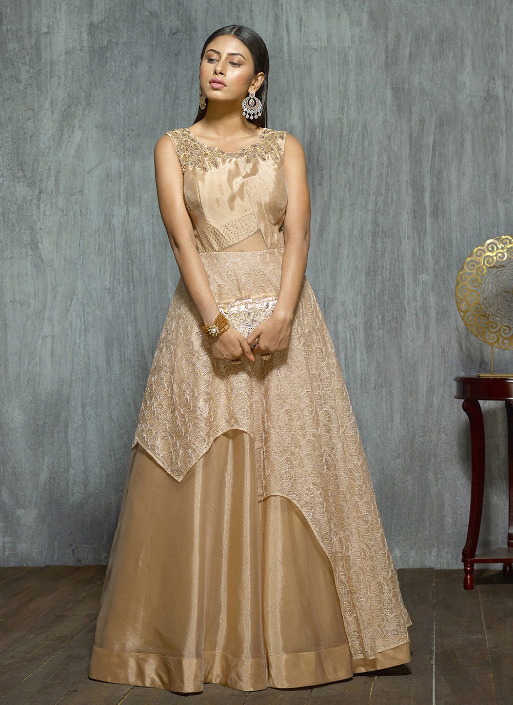 Brown Party Net Readymade Gown
