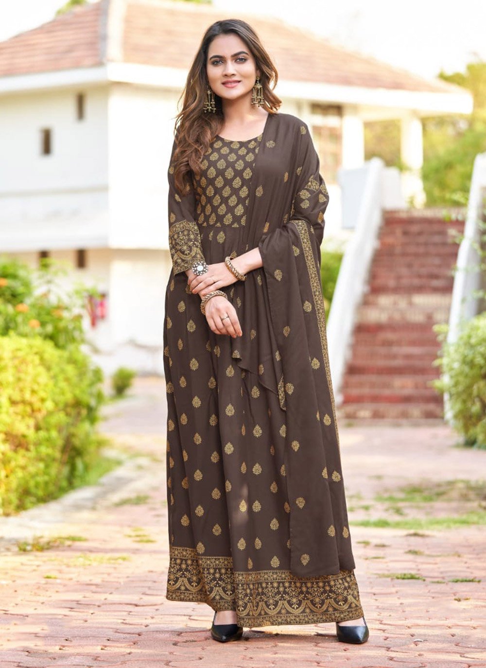Brown Rayon Readymade Gown