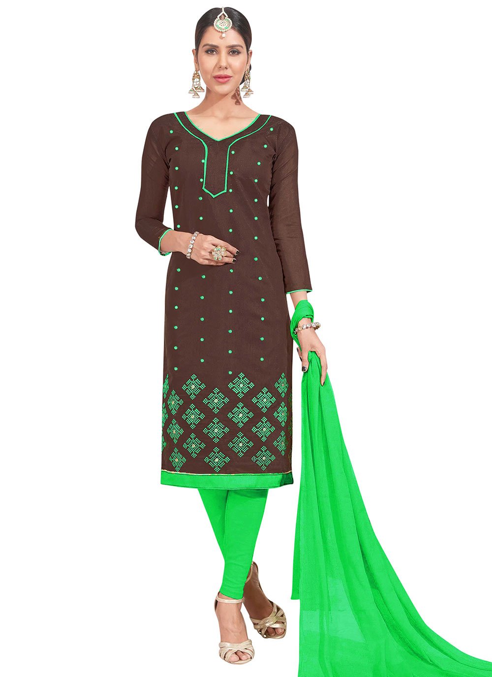 Brown Weaving Churidar Salwar Suit