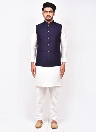Buttons Art Silk Kurta Payjama With Jacket in Blue and White