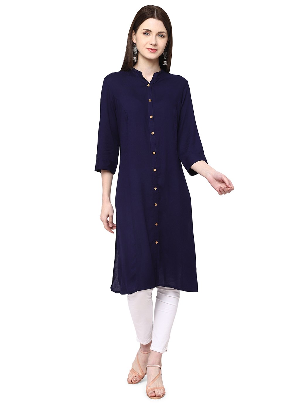 Buttons Cotton Casual Kurti in Navy Blue