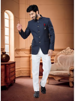 Buttons Fancy Fabric Jodhpuri Suit in Navy Blue