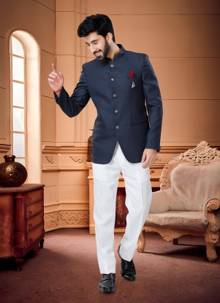 Buttons Fancy Fabric Jodhpuri Suit in Navy Blue