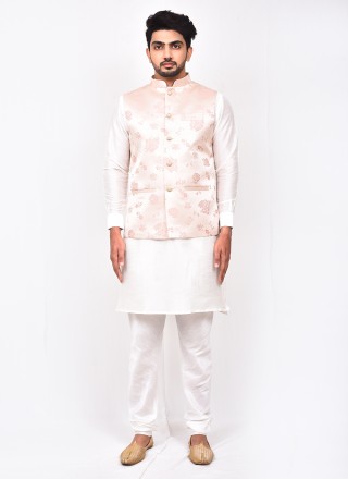 Buttons Jacquard Kurta Payjama With Jacket in Pink and White