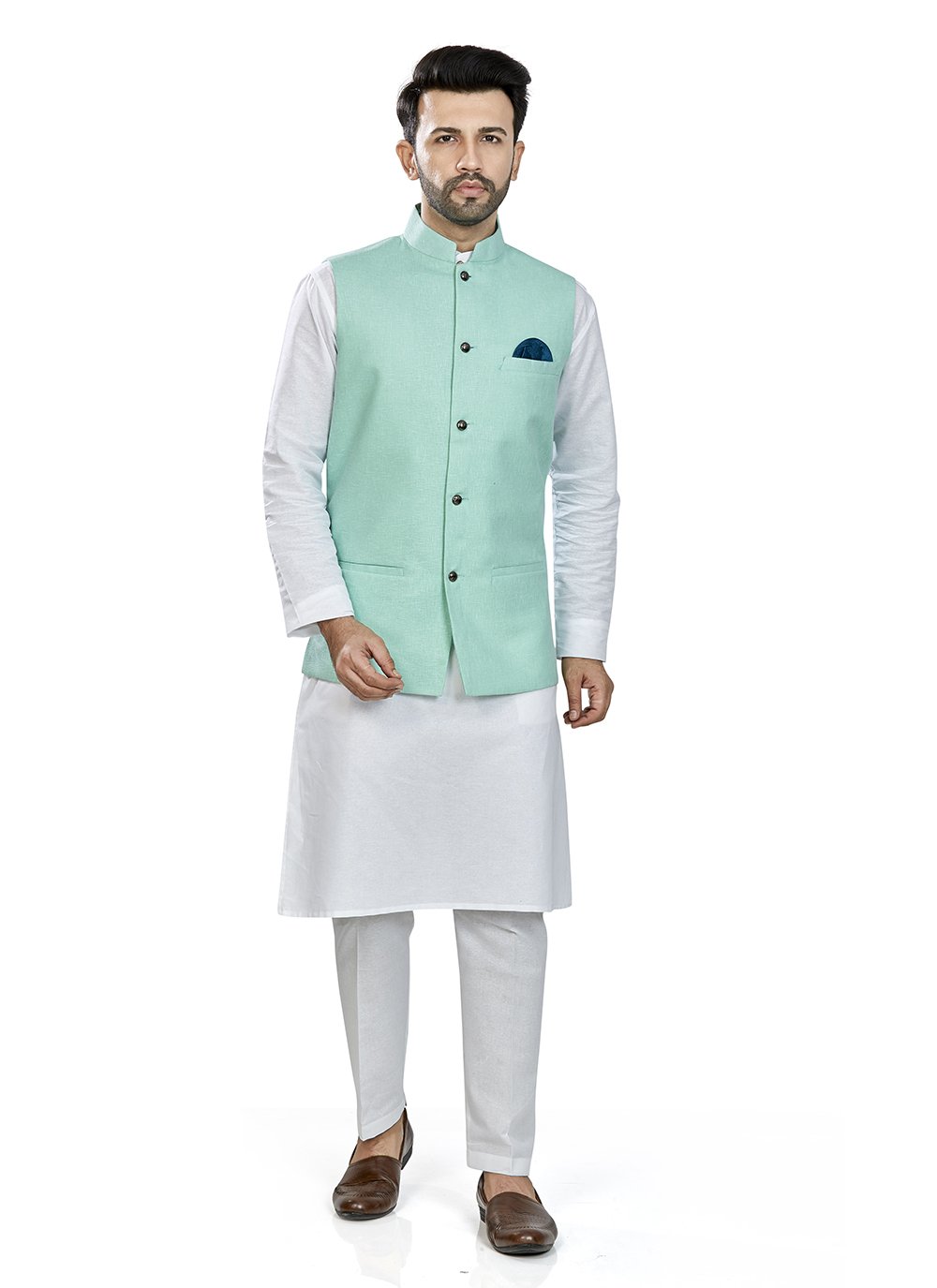 Buttons Linen Kurta Payjama With Jacket in Sea Green and White