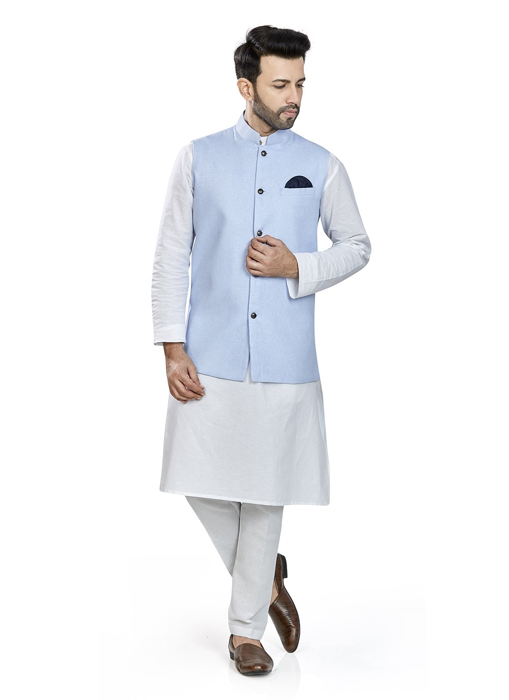 Buttons Linen Kurta Payjama With Jacket in Turquoise and White