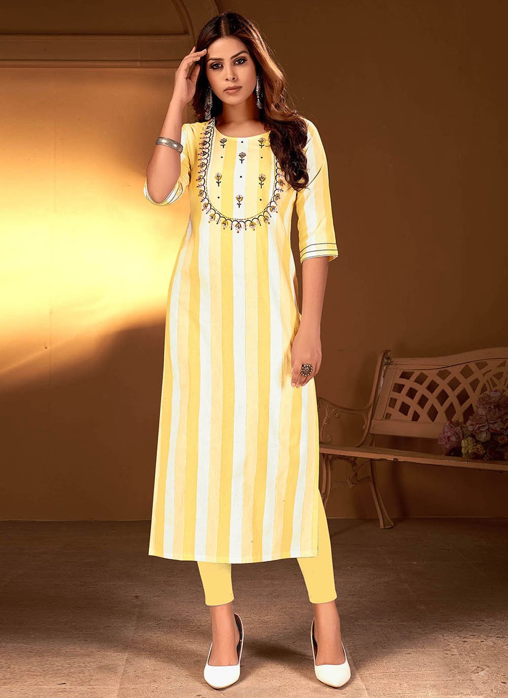 Casual Kurti Embroidered Cotton in Yellow