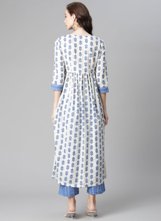 Casual Kurti Printed Cotton in Blue and White
