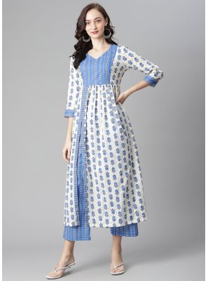 Casual Kurti Printed Cotton in Blue and White