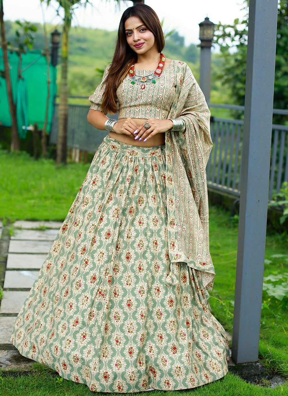 Chanderi Cotton Designer Lehenga Choli in Green