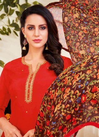 Chanderi Cotton Designer Straight Suit in Red