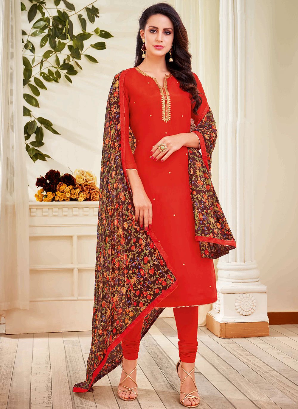 Chanderi Cotton Designer Straight Suit in Red