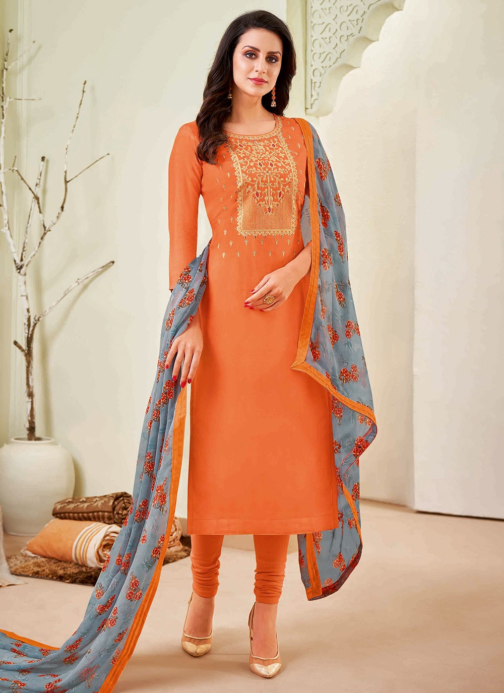 Chanderi Cotton Embroidered Designer Straight Suit in Orange