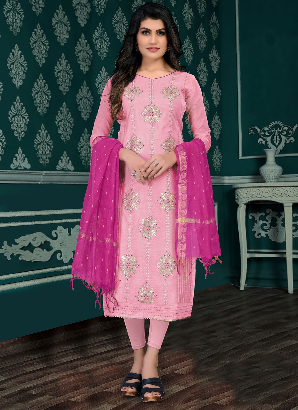 Chanderi Cotton Embroidered Pant Style Suit