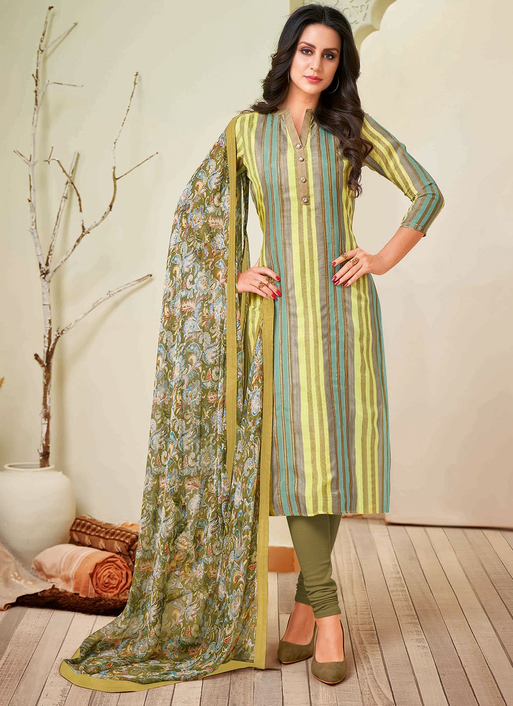 Chanderi Cotton Multi Colour Designer Straight Suit