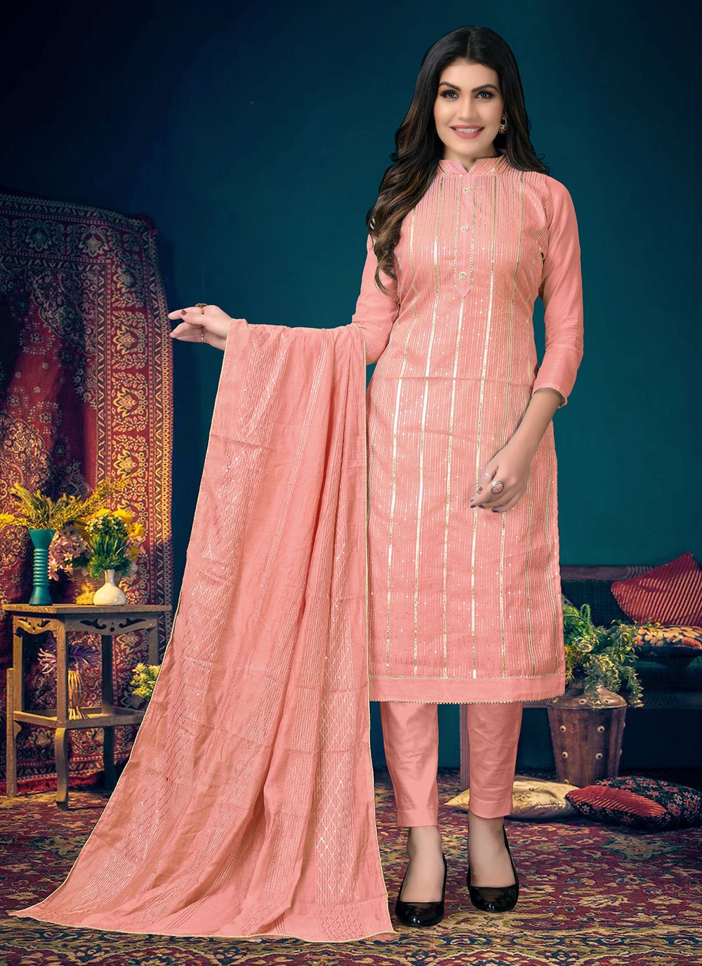 Chanderi Cotton Pink Pant Style Suit