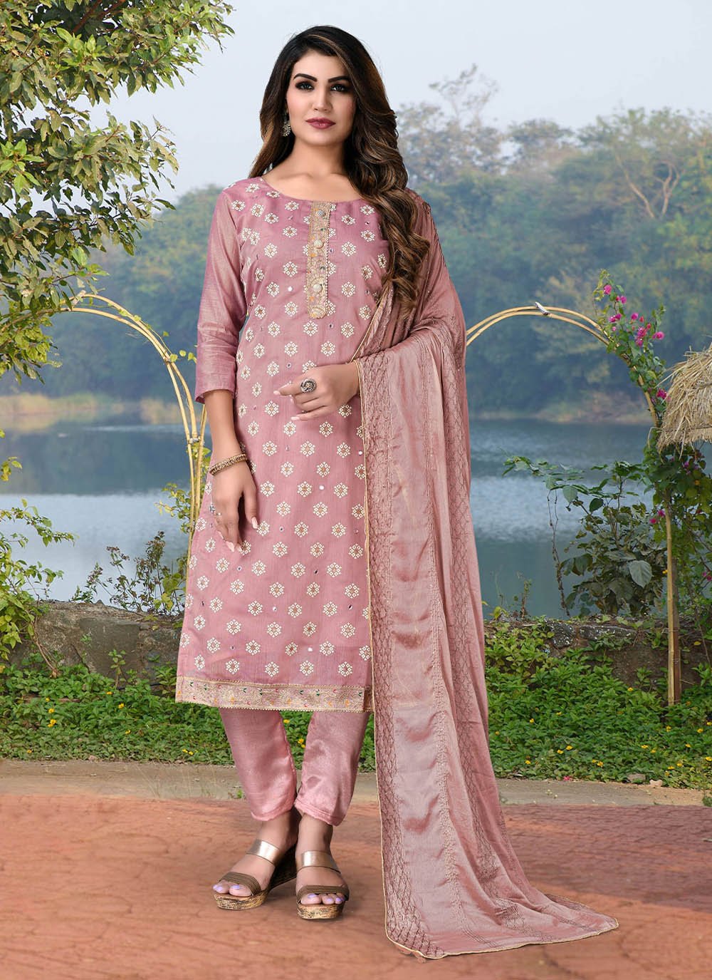Chanderi Cotton Straight Salwar Suit in Pink