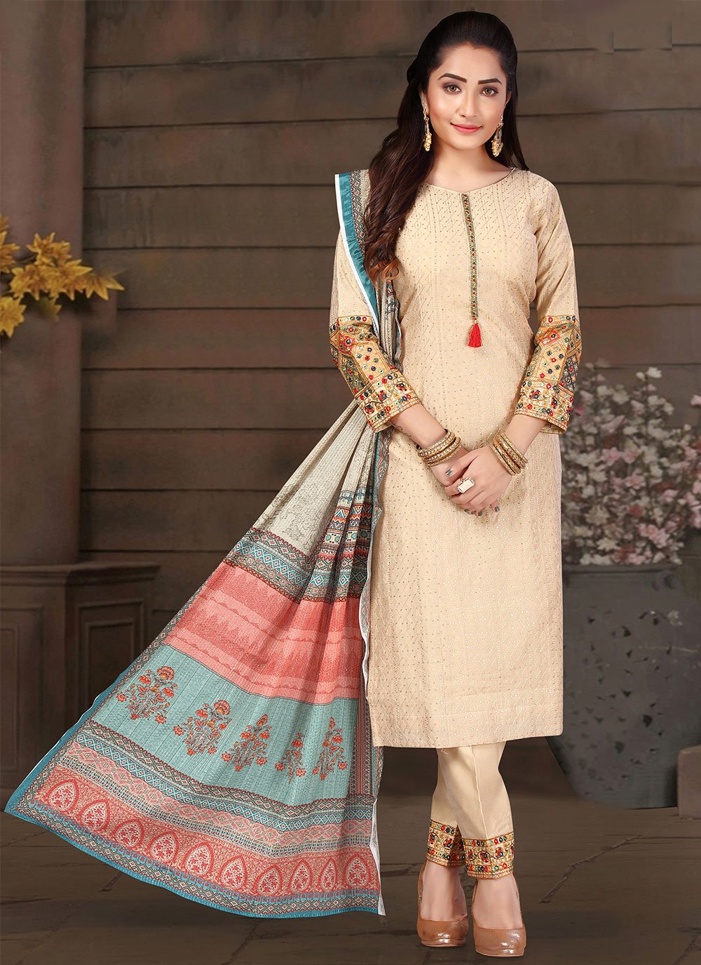 Chanderi Cream Embroidered Straight Salwar Suit