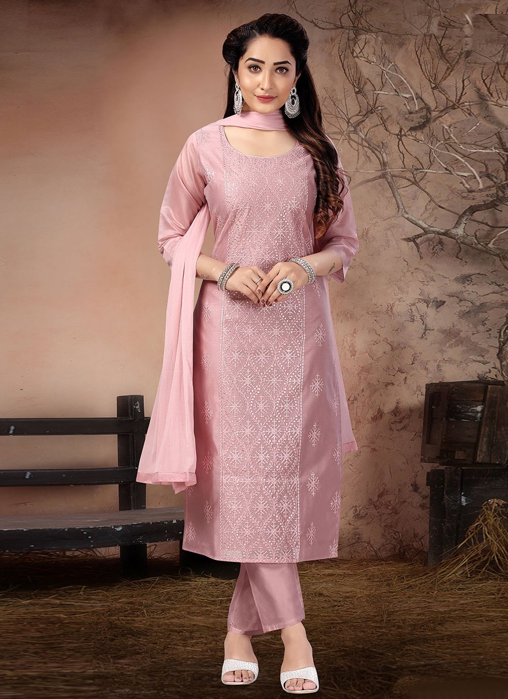 Chanderi Embroidered Straight Salwar Suit in Mauve 
