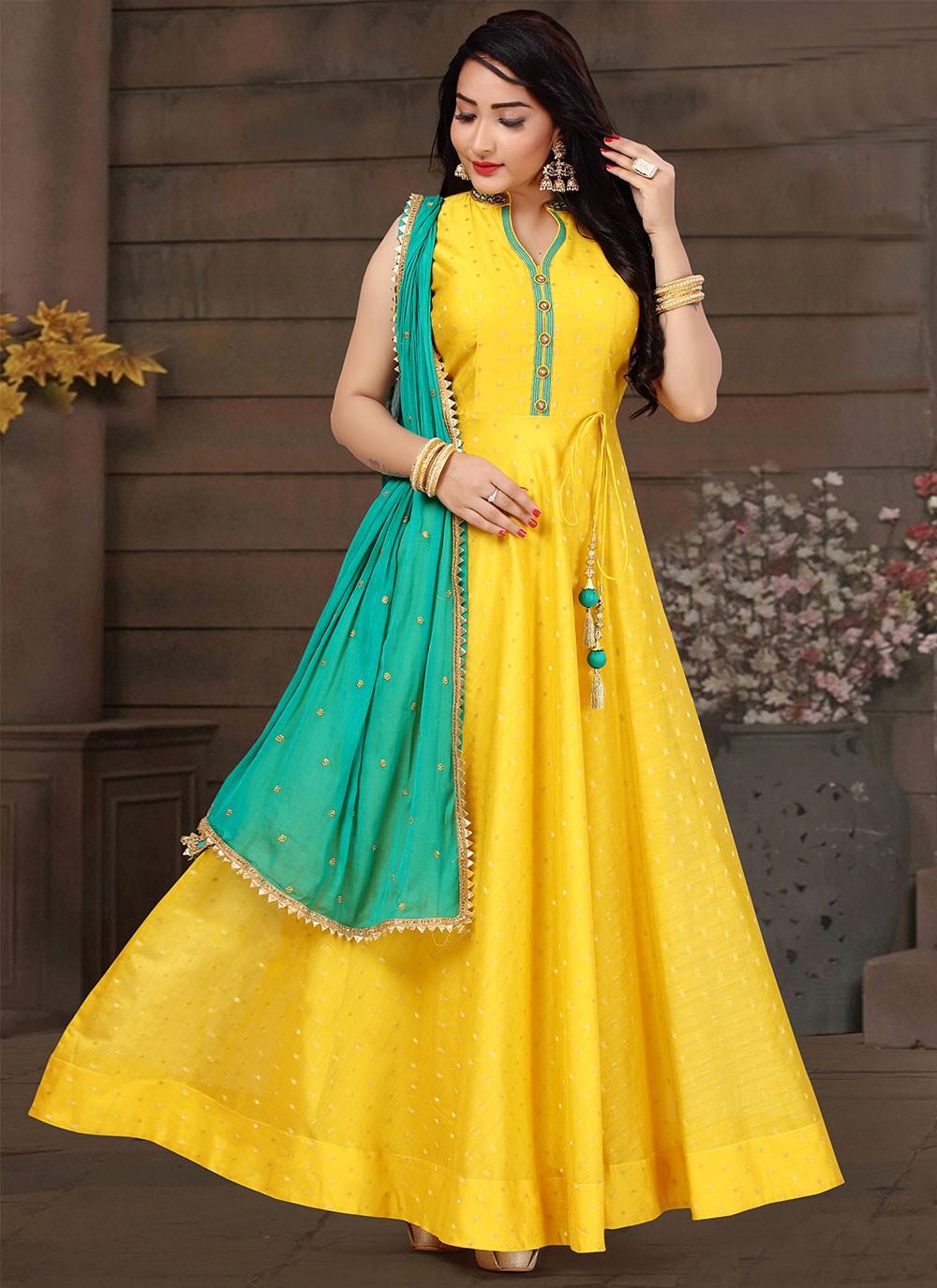 Chanderi Embroidered Yellow Anarkali Suit