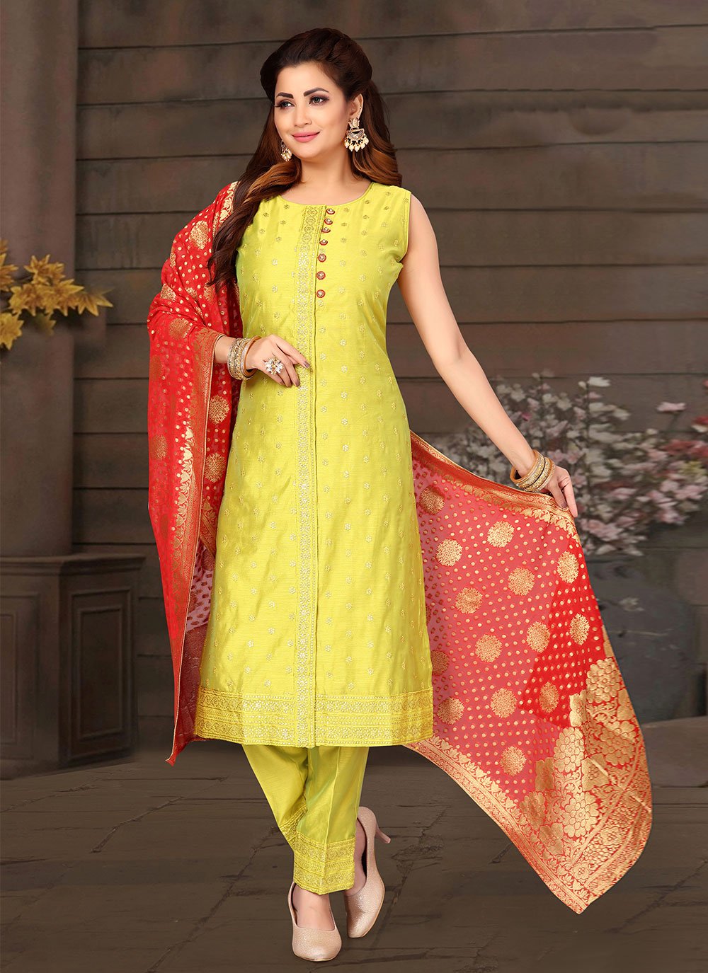 Chanderi Embroidered Yellow Straight Salwar Suit
