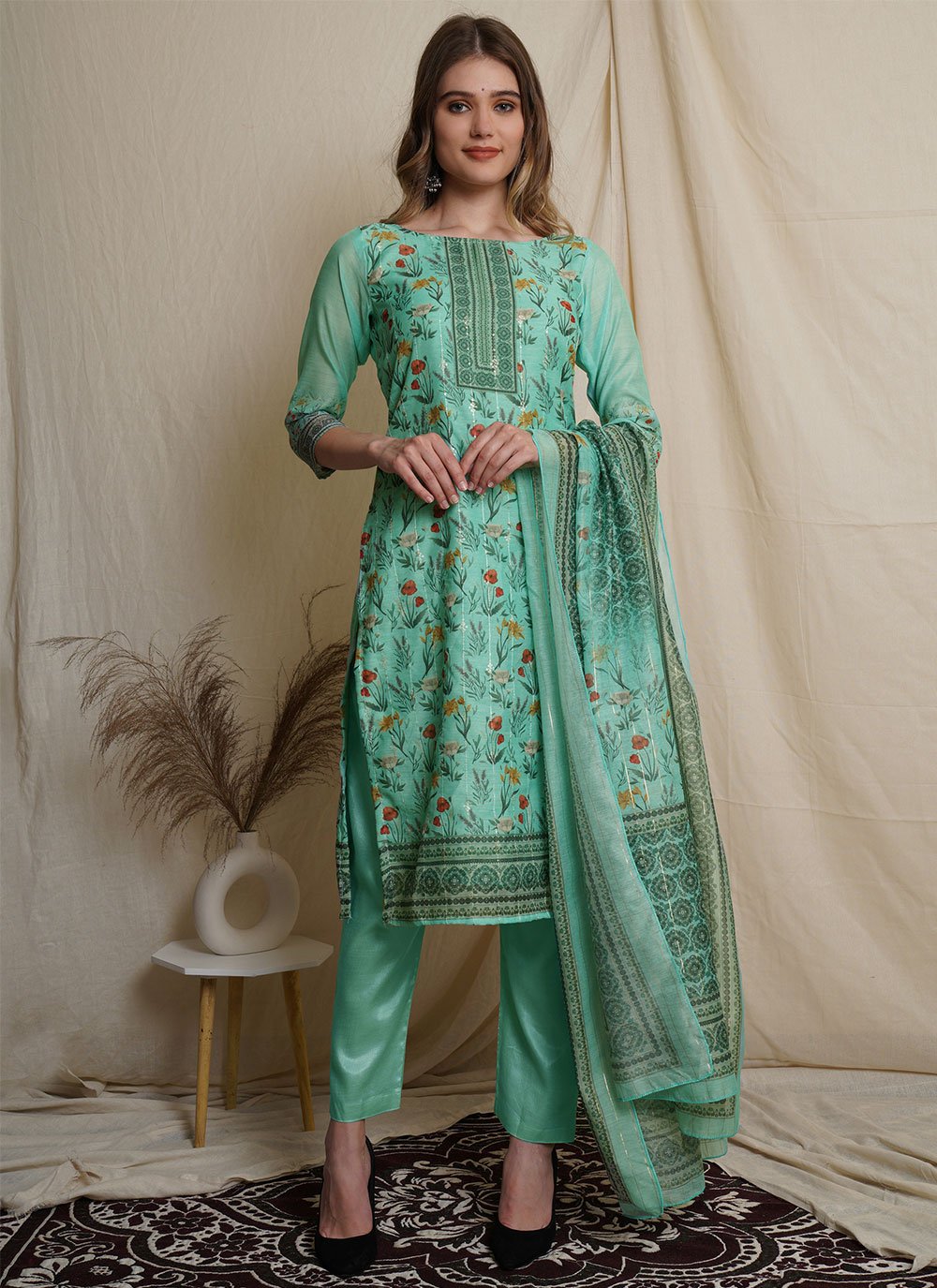 Chanderi Green Pant Style Suit