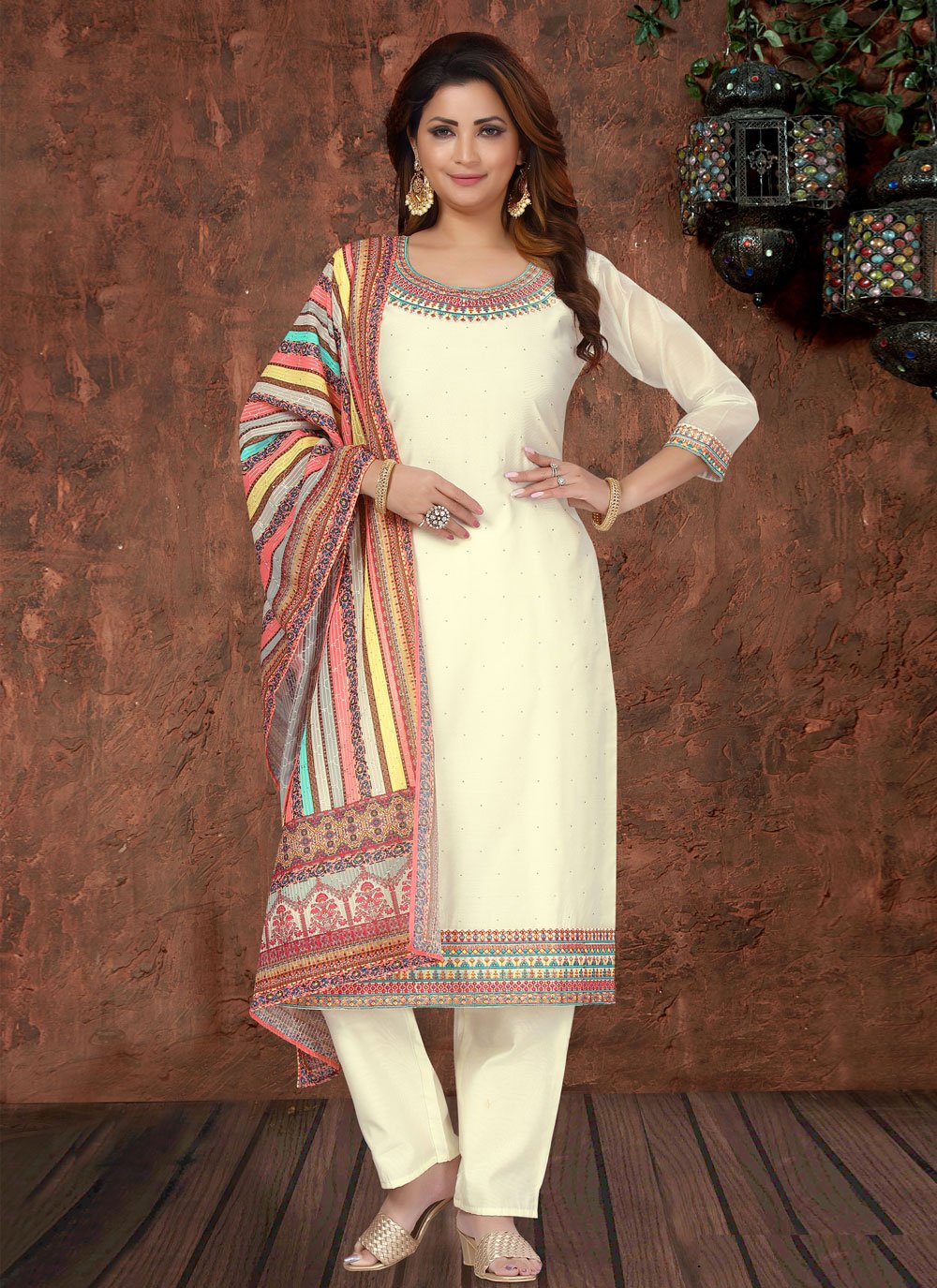 Chanderi Silk Cream Embroidered Pant Style Suit