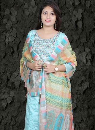 Chanderi Silk Embroidered Blue Straight Salwar Suit