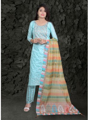 Chanderi Silk Embroidered Blue Straight Salwar Suit