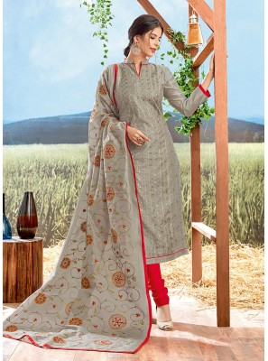 Chanderi Silk Embroidered Grey Churidar Designer Suit