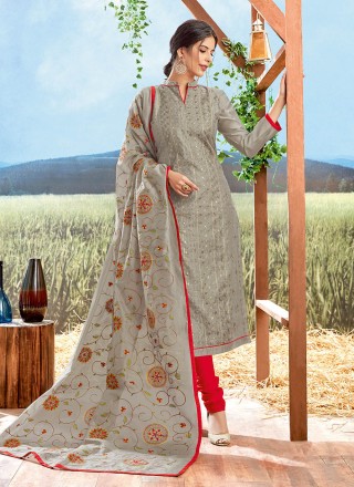 Chanderi Silk Embroidered Grey Churidar Designer Suit