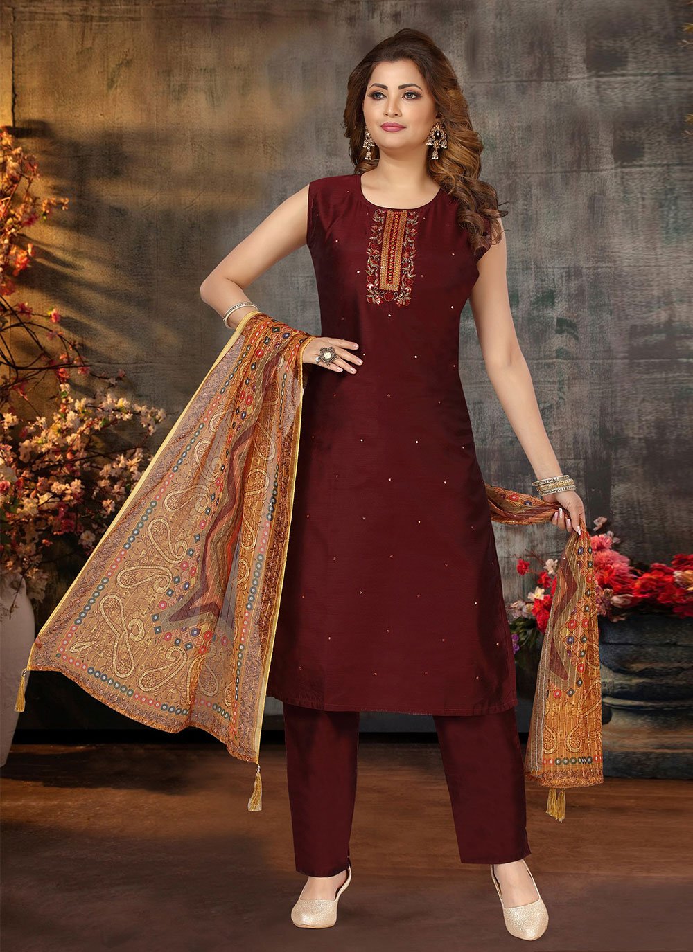 Chanderi Silk Embroidered Maroon Readymade Salwar Suit