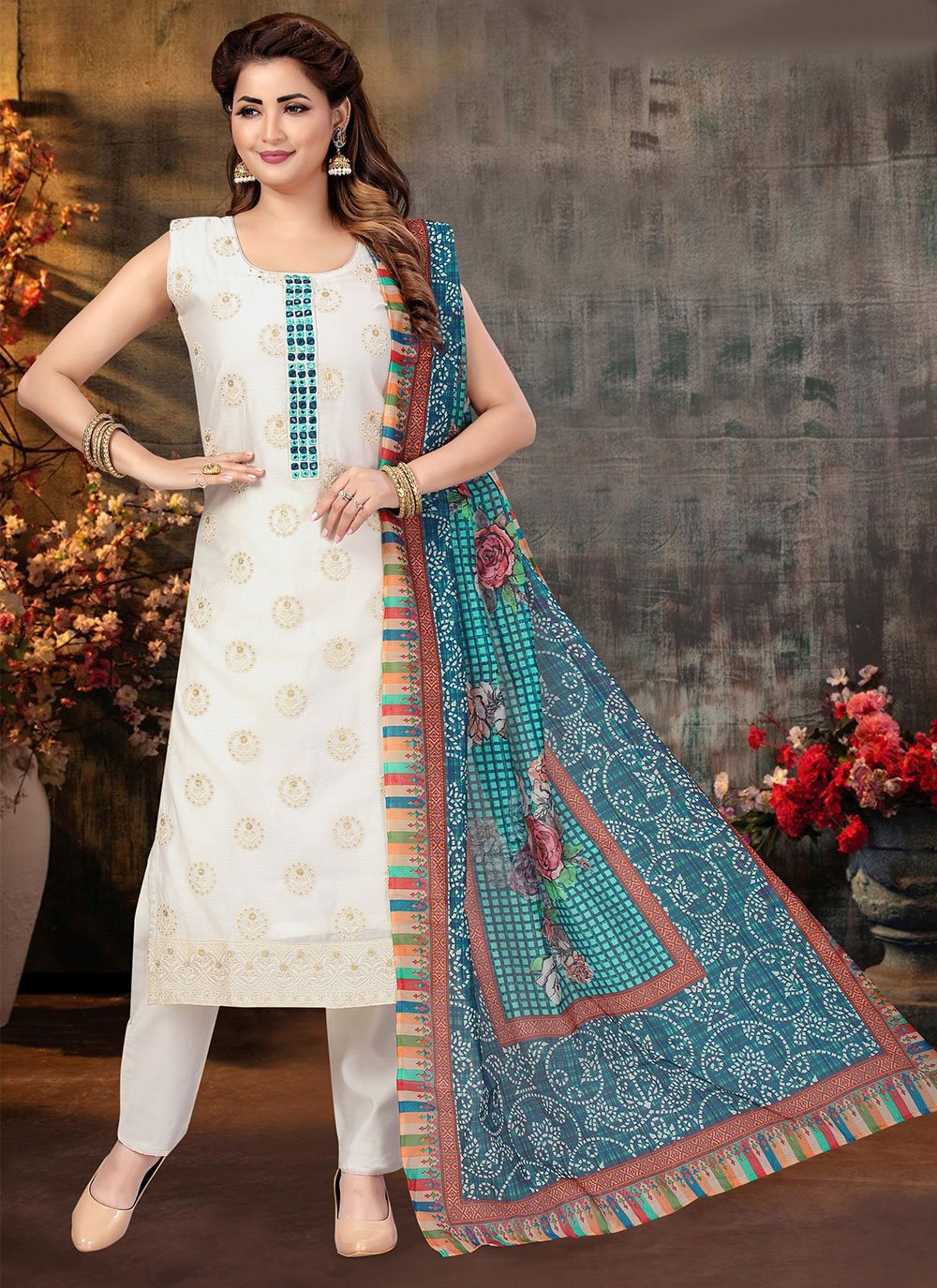 Chanderi Silk Embroidered Pant Style Suit in Off White