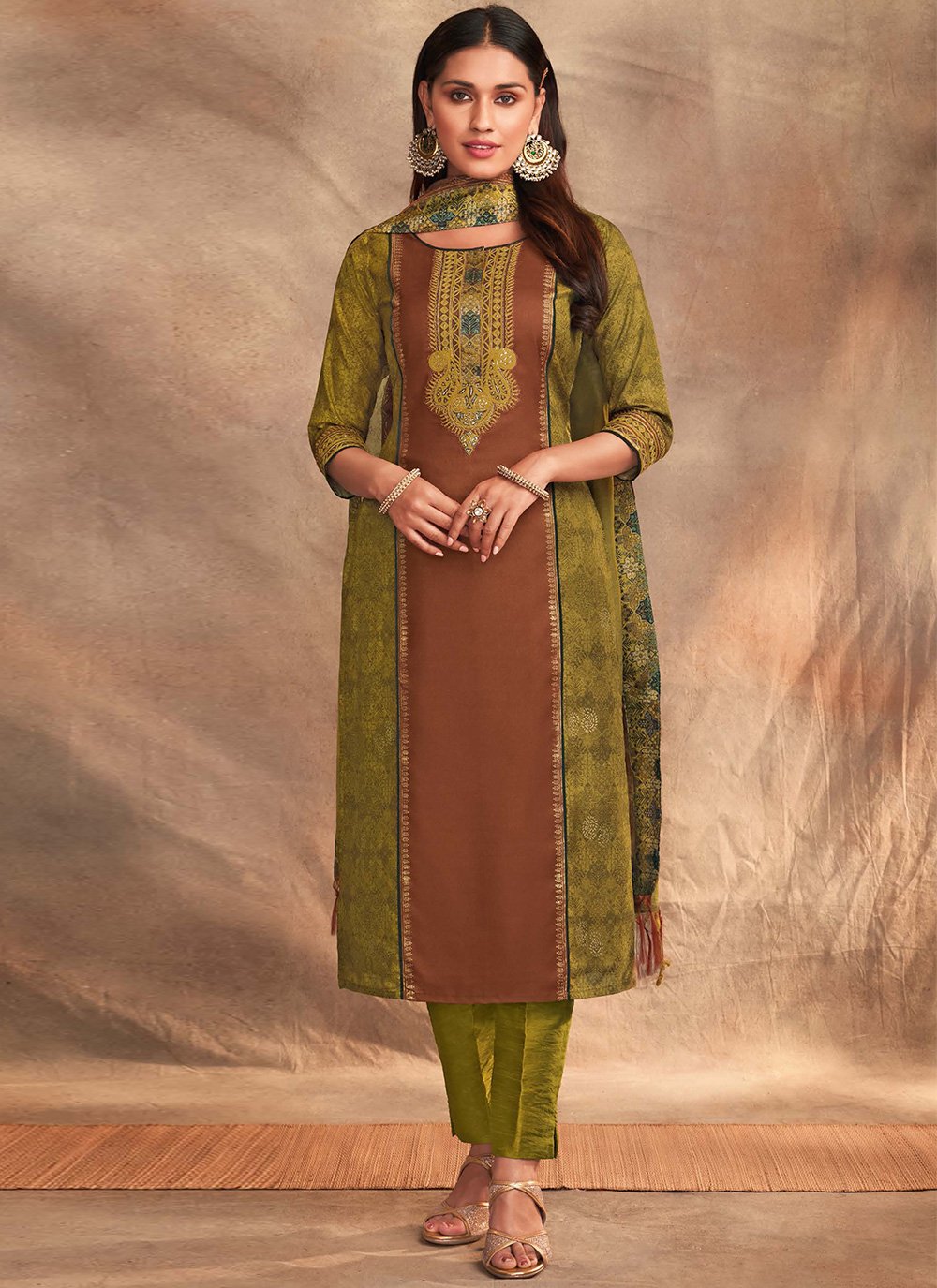 Chanderi Silk Green Print Pant Style Suit
