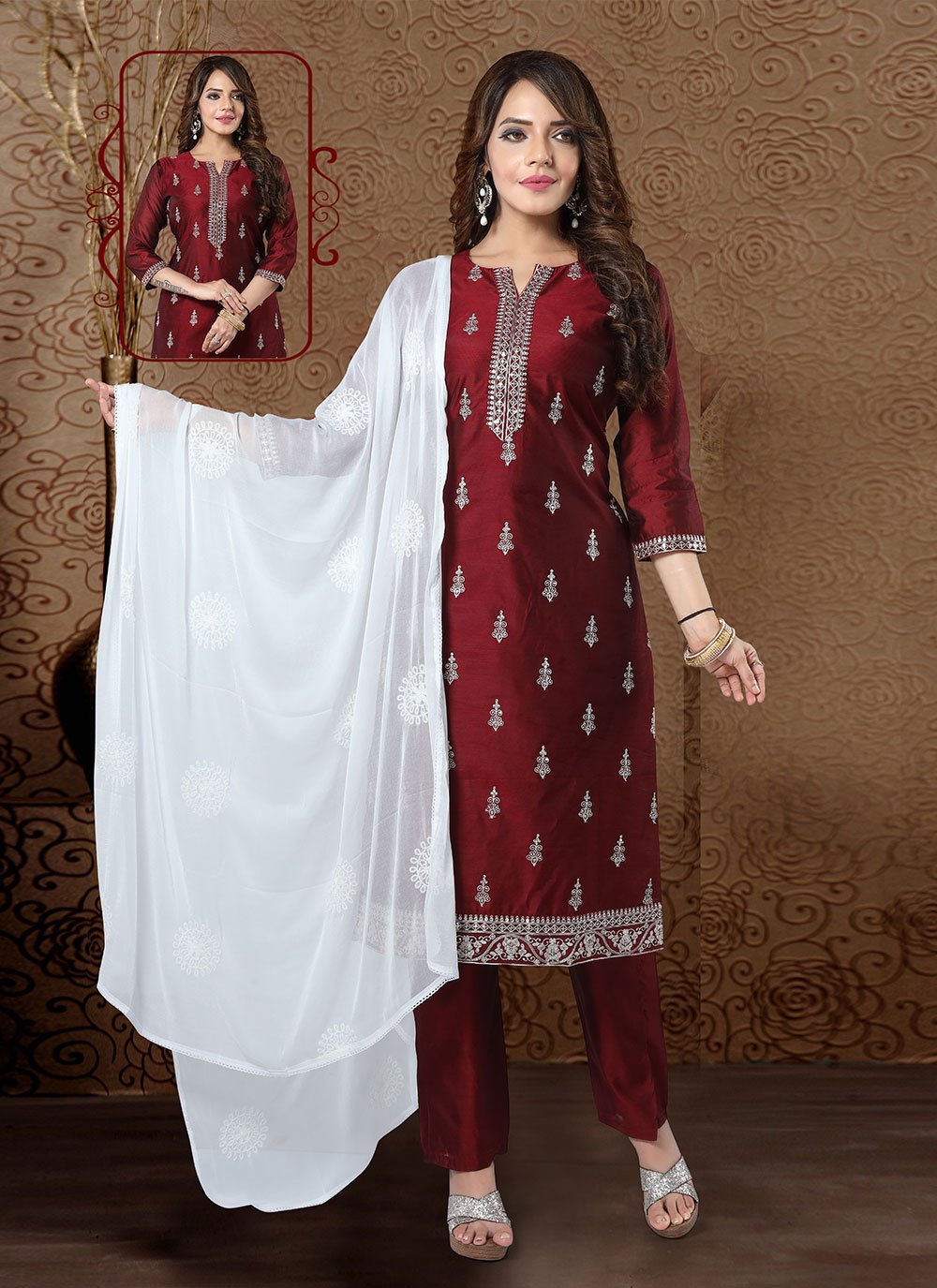 Chanderi Silk Maroon Embroidered Designer Salwar Suit