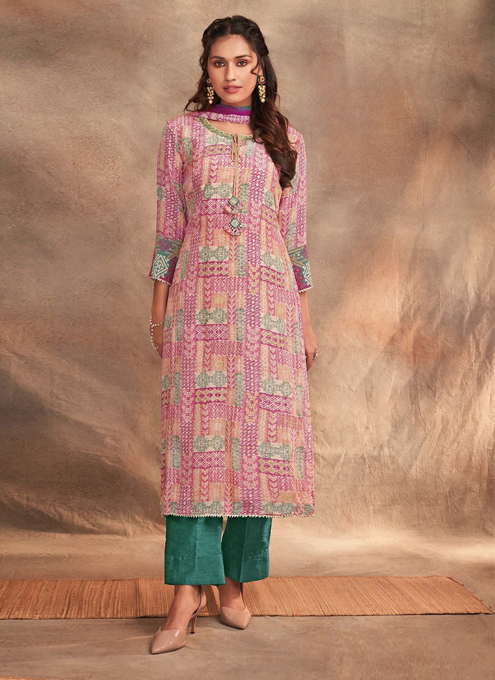 Chanderi Silk Print Pant Style Suit in Pink