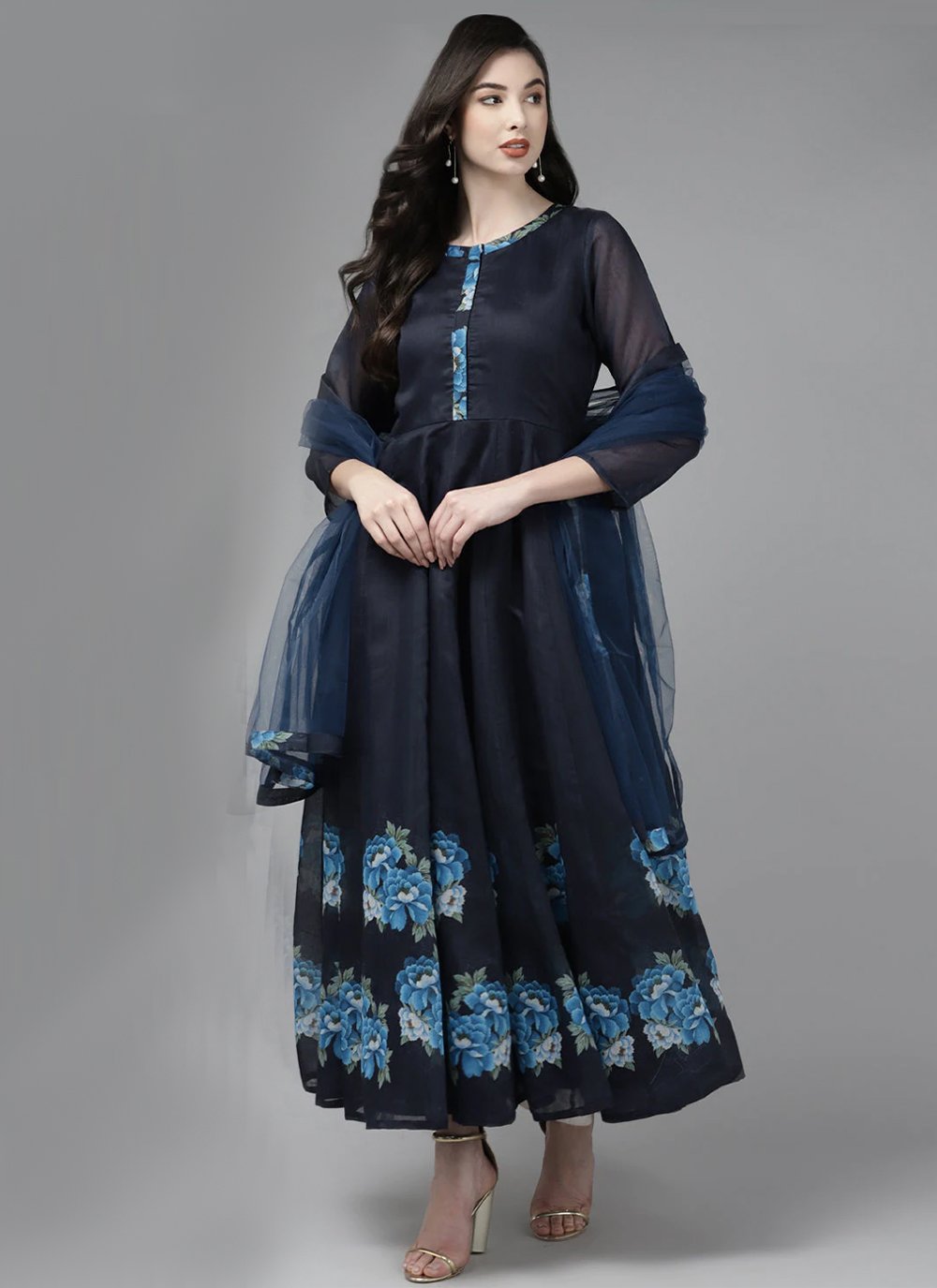 Chanderi Silk Weaving Casual Kurti in Navy Blue