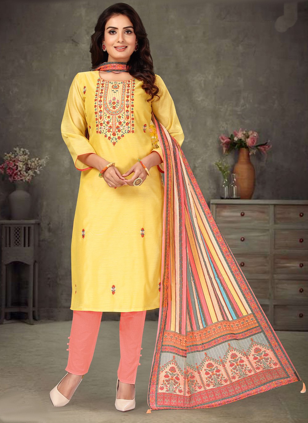 Chanderi Silk Weaving Designer Straight Salwar Suit