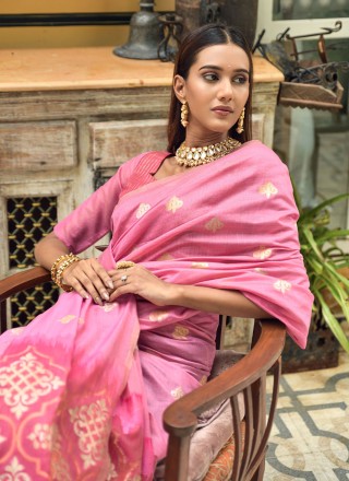 Chanderi Silk Zari Traditional Saree in Pink