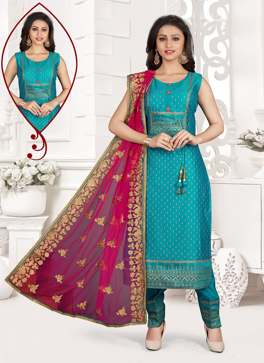 Chanderi Turquoise Embroidered Readymade Salwar Suit