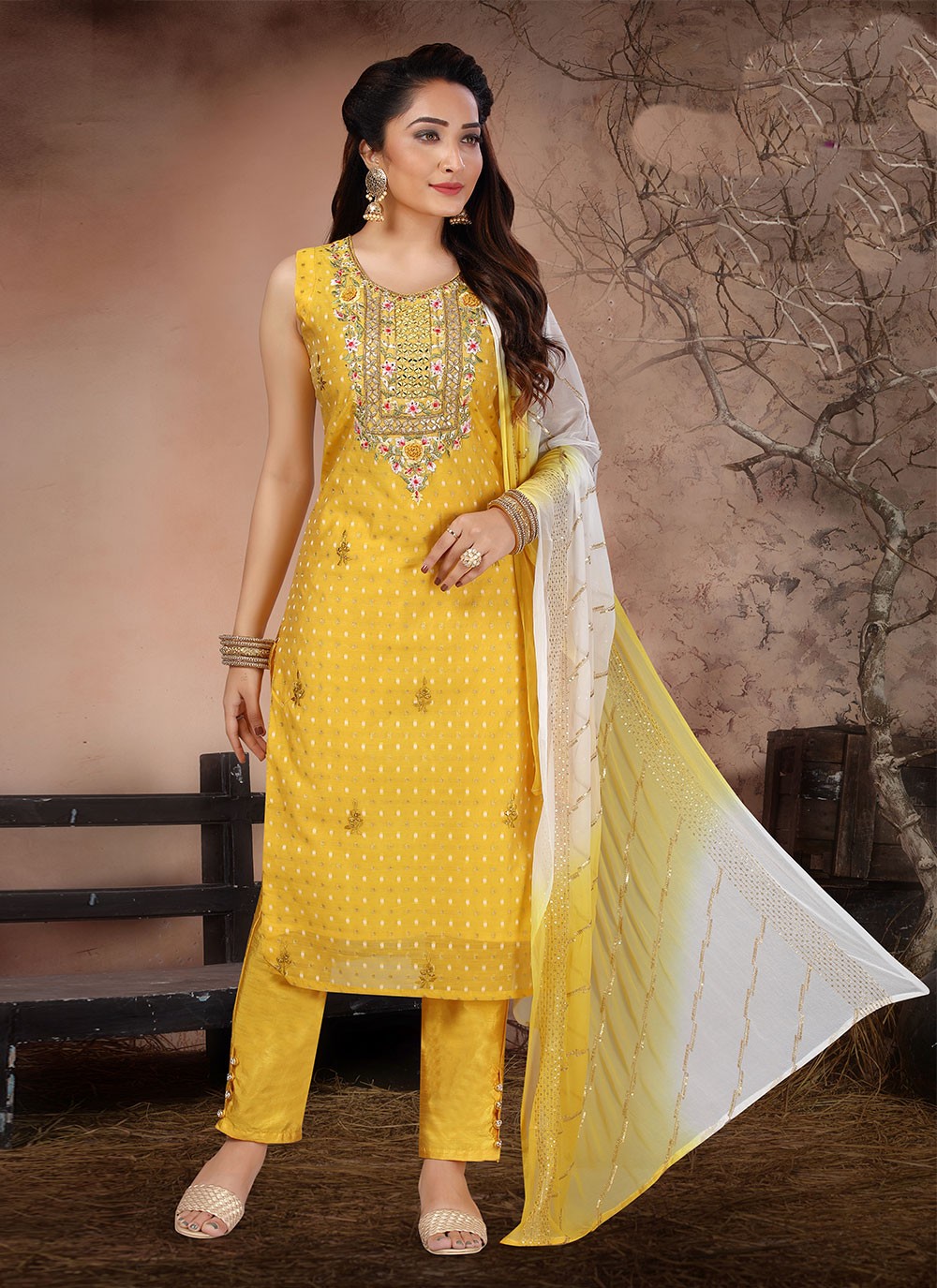 Chanderi Yellow Readymade Salwar Suit